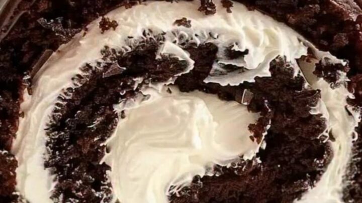 A beautifully dusted chocolate cake roll with chocolate drizzle sitting on a white platter.