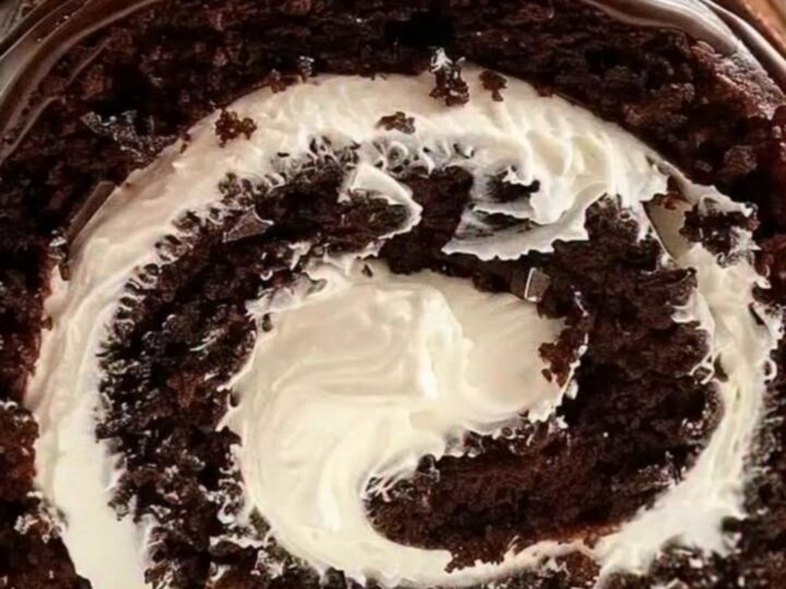 A beautifully dusted chocolate cake roll with chocolate drizzle sitting on a white platter.