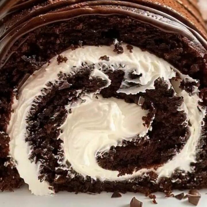A beautifully dusted chocolate cake roll with chocolate drizzle sitting on a white platter.