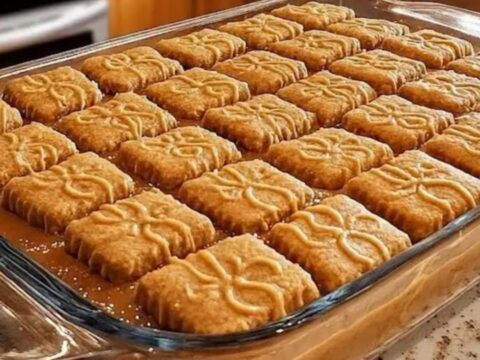A square portion of no-bake Biscoff dessert showing distinct creamy layers and cookie base on a white plate.