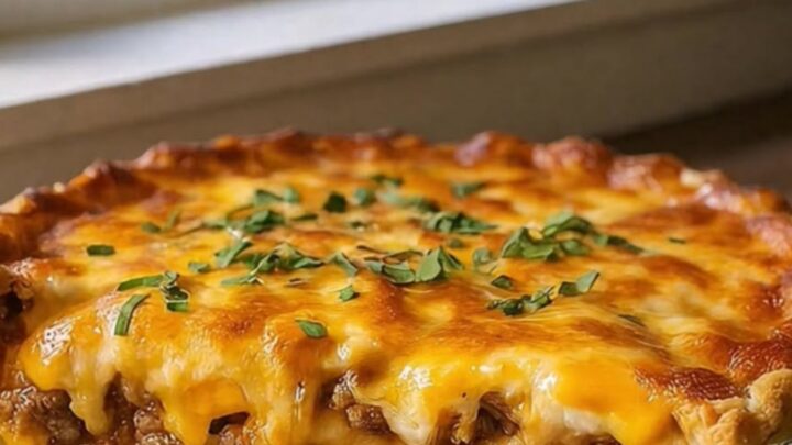 A golden, freshly baked cheeseburger pie in a glass dish, viewed from above in a bright kitchen.