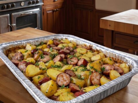 A rustic aluminum foil tray filled with golden roasted baby potatoes and sliced smoked sausage.