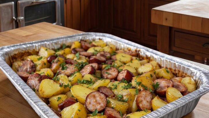 A rustic aluminum foil tray filled with golden roasted baby potatoes and sliced smoked sausage.