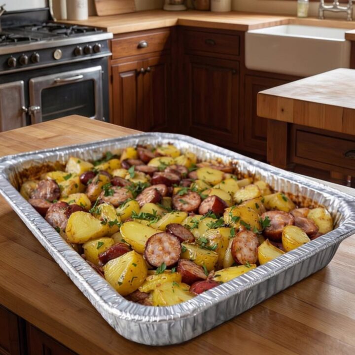 A rustic aluminum foil tray filled with golden roasted baby potatoes and sliced smoked sausage.