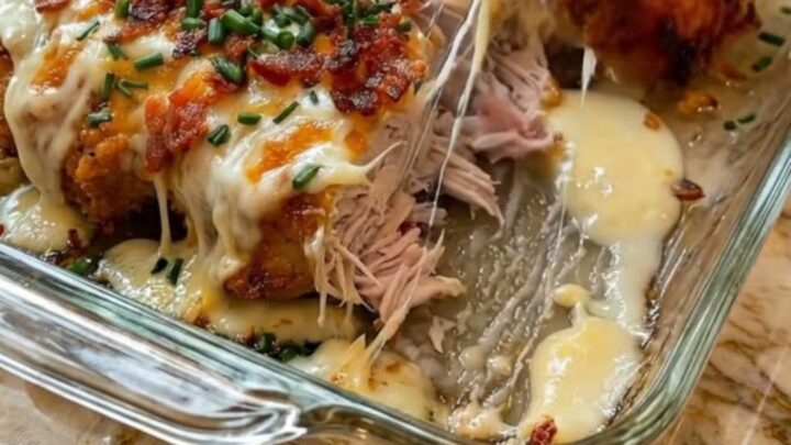 Golden baked chicken breasts topped with melted cheddar cheese and crispy bacon strips in a glass dish.
