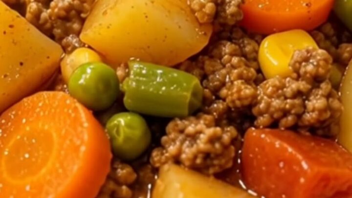 A steaming bowl of hearty vegetable beef soup filled with ground beef, potatoes, carrots, and green beans.