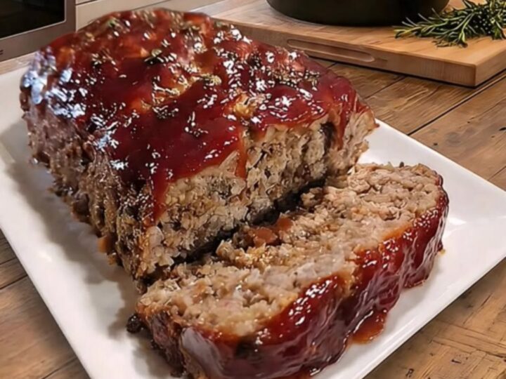 A glossy glazed meatloaf resting on a white platter on a wooden counter.