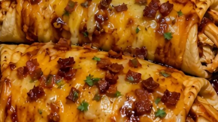 A glass baking dish filled with golden brown chicken wraps topped with melted cheese and bacon.