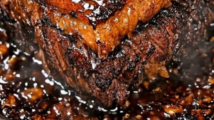 A close-up of a tender chuck roast in a cast-iron skillet, covered in a glossy, dark honey garlic glaze.