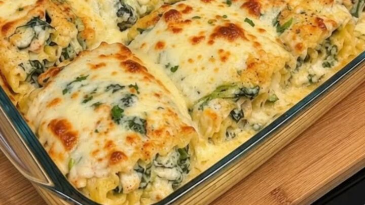 A golden-brown baked chicken Alfredo lasagna roll-up in a glass dish with melted cheese.