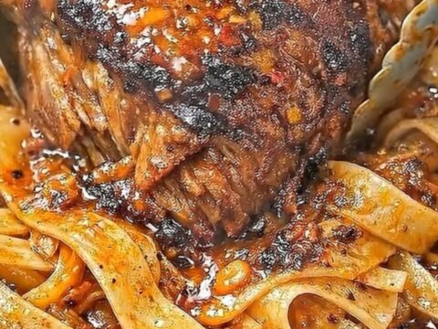 A steaming bowl of tender shredded beef served over wide pappardelle noodles in a rich sauce.