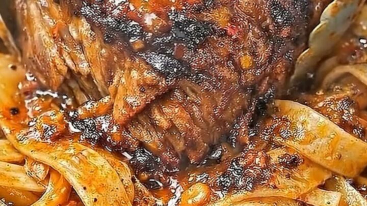A steaming bowl of tender shredded beef served over wide pappardelle noodles in a rich sauce.