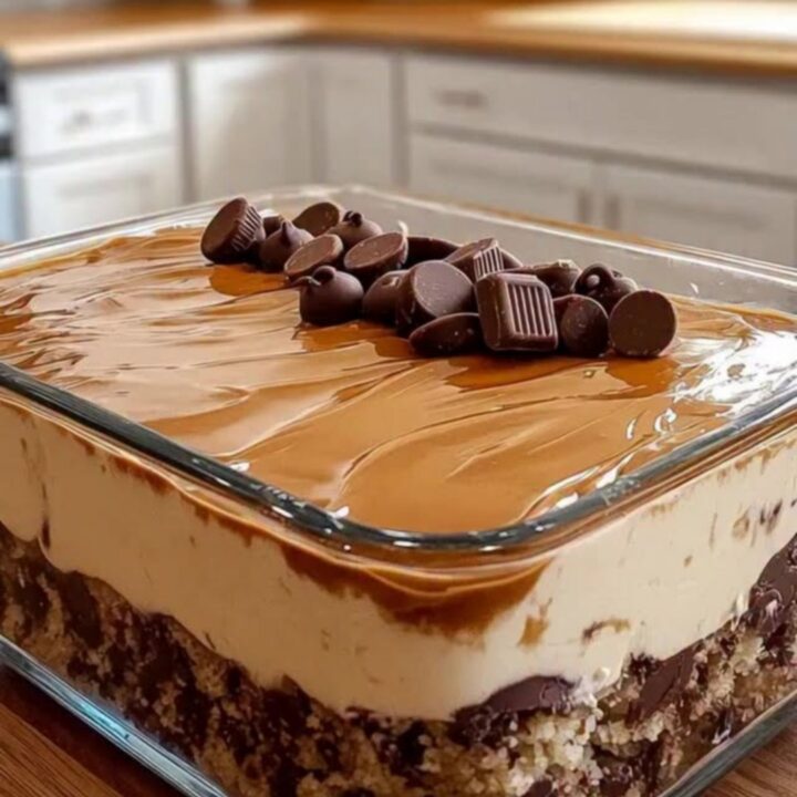 A square slice of cold chocolate layered dessert on a white plate with visible layers of chocolate chips, mousse