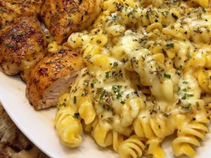 A creamy parmesan rotini pasta dish topped with golden-seared garlic butter chicken cutlets on a white platter.