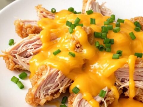 A close-up of creamy, shredded crack chicken with melted cheese on a white plate.
