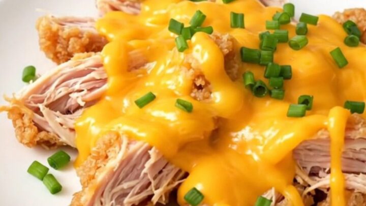 A close-up of creamy, shredded crack chicken with melted cheese on a white plate.