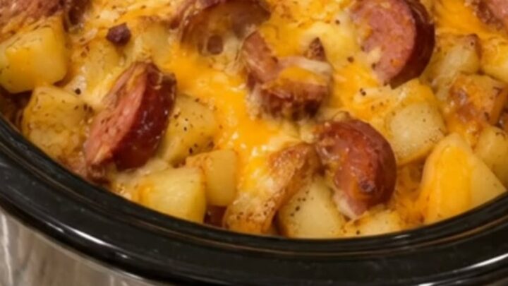 A serving spoon lifting a portion of cheesy diced potatoes and sliced kielbasa from a slow cooker.