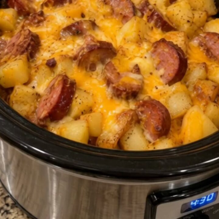 A serving spoon lifting a portion of cheesy diced potatoes and sliced kielbasa from a slow cooker.