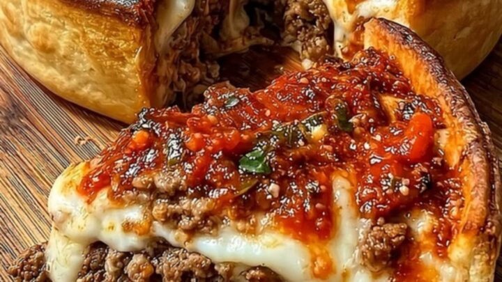 A golden, deep-dish meat pie on a wooden board, showcasing a crispy crust and a rich, cheesy filling.