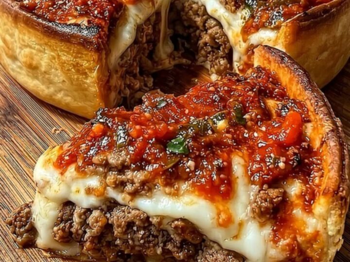 A golden, deep-dish meat pie on a wooden board, showcasing a crispy crust and a rich, cheesy filling.