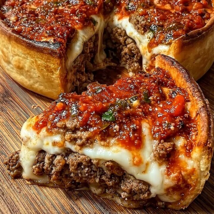 A golden, deep-dish meat pie on a wooden board, showcasing a crispy crust and a rich, cheesy filling.