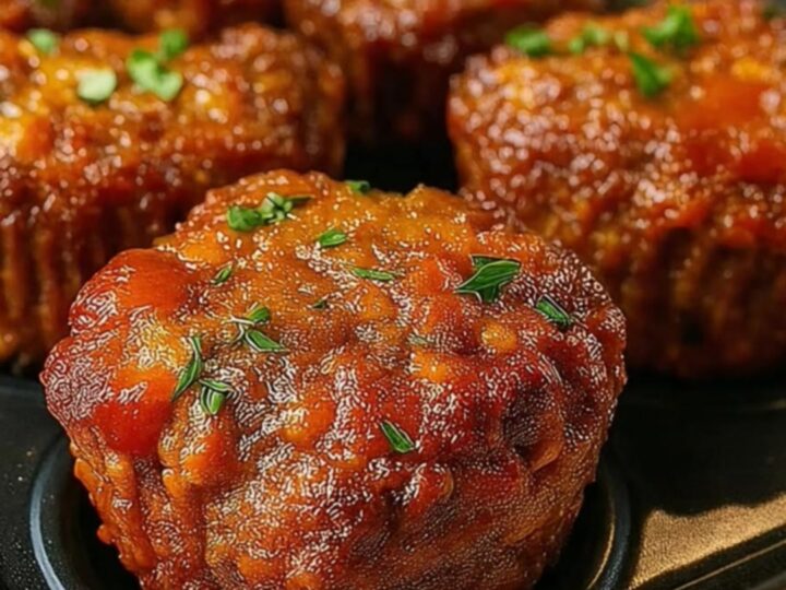Glazed mini meatloaf muffins sitting warm in a dark muffin tin on a counter top.