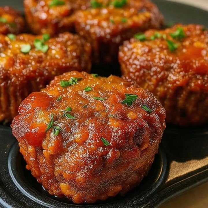 Glazed mini meatloaf muffins sitting warm in a dark muffin tin on a counter top.