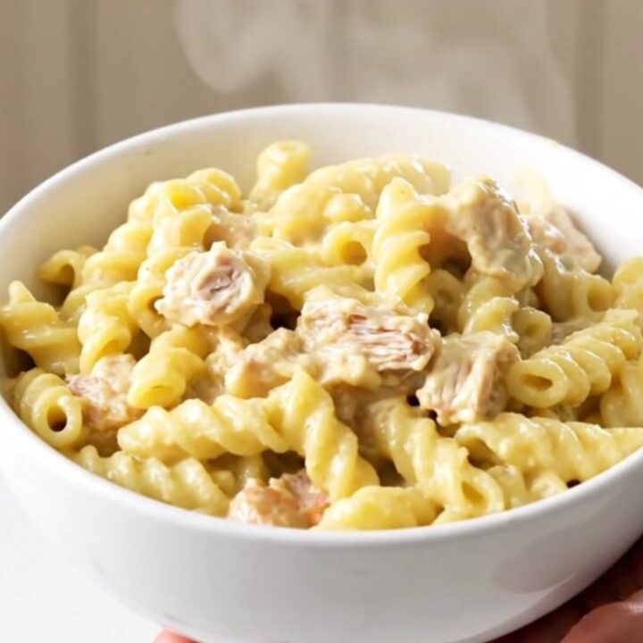 A white bowl filled with creamy chicken pot pie pasta, showing chunks of chicken and colorful vegetables in a thick sauce.