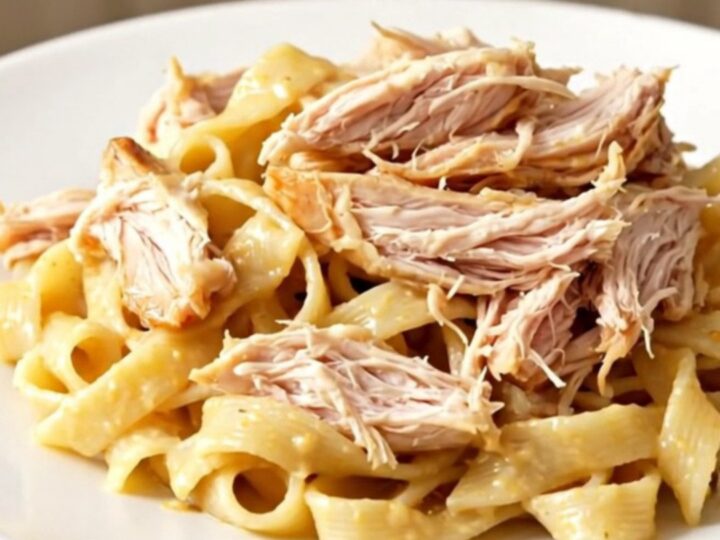 A close-up of creamy shredded chicken with sun-dried tomatoes in a slow cooker.