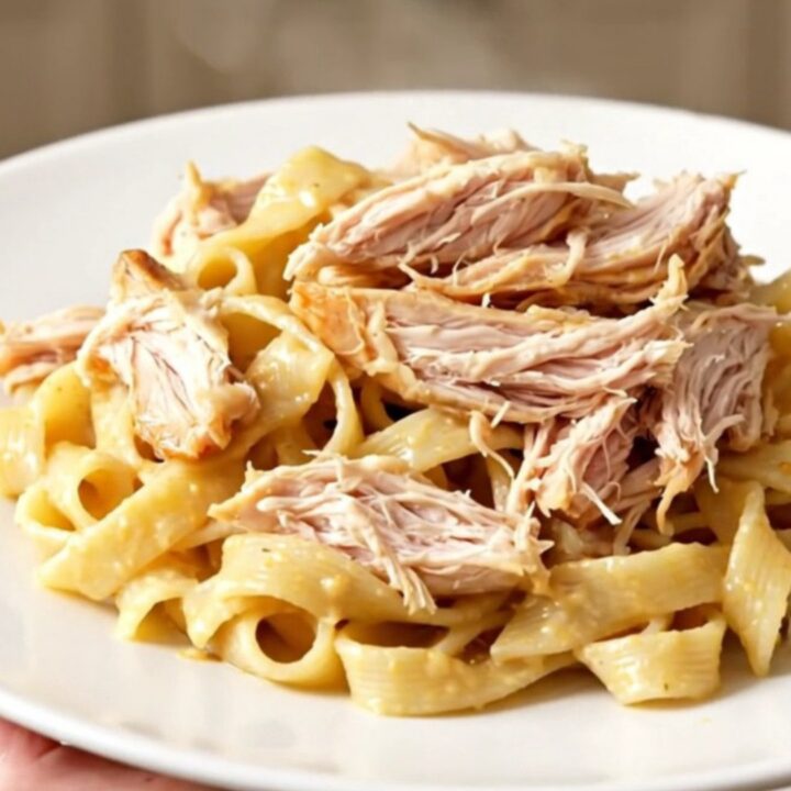 A close-up of creamy shredded chicken with sun-dried tomatoes in a slow cooker.