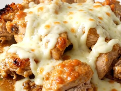 A top-down view of a slow cooker filled with tender chicken, red potatoes, and a creamy garlic parmesan sauce.
