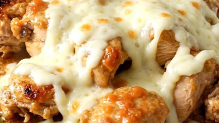 A top-down view of a slow cooker filled with tender chicken, red potatoes, and a creamy garlic parmesan sauce.