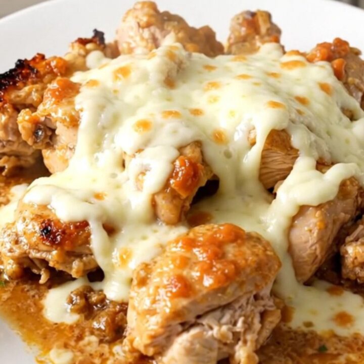 A top-down view of a slow cooker filled with tender chicken, red potatoes, and a creamy garlic parmesan sauce.
