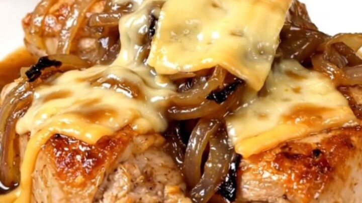 A close-up of tender chicken breasts topped with melted Swiss cheese and caramelized onions in a slow cooker.