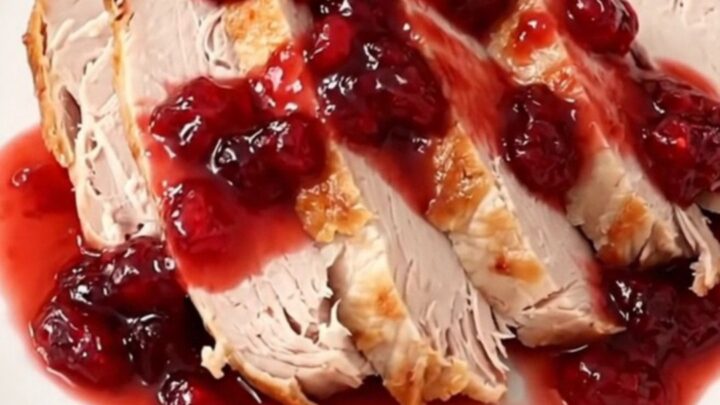 A sliced turkey breast on a white plate, drizzled with a glossy, red cranberry orange glaze.