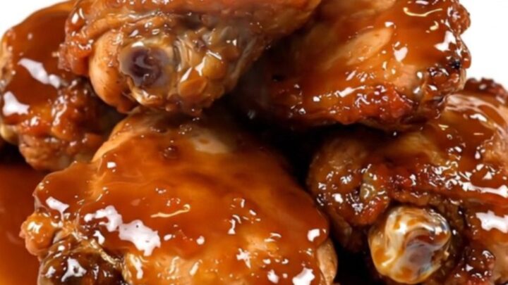 A close-up shot of glossy, honey garlic glazed chicken thighs on a white plate.