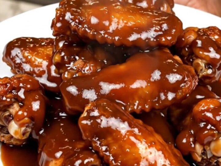 A plate of glossy, dark-glazed chicken wings freshly removed from the slow cooker.