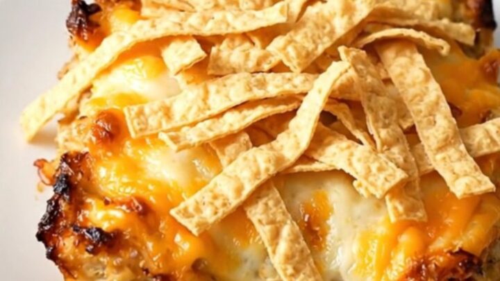 A steaming, creamy slow cooker chicken enchilada casserole served on a white plate with melted cheese and crispy tortilla