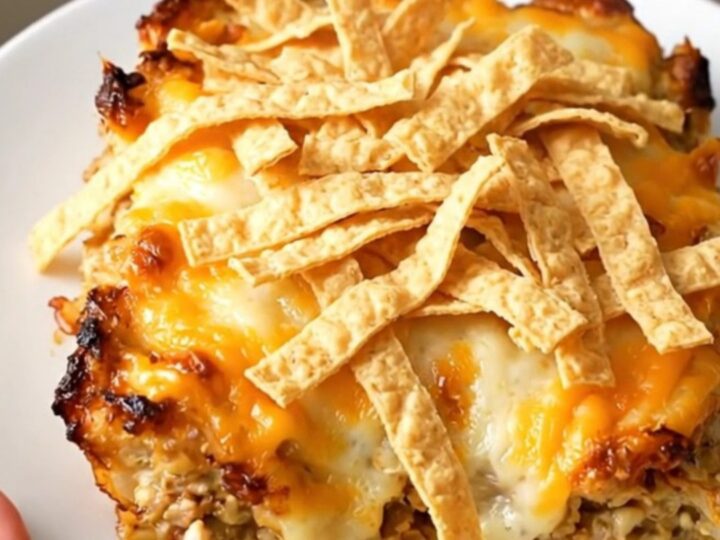 A steaming, creamy slow cooker chicken enchilada casserole served on a white plate with melted cheese and crispy tortilla
