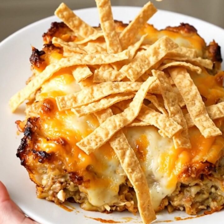 A steaming, creamy slow cooker chicken enchilada casserole served on a white plate with melted cheese and crispy tortilla