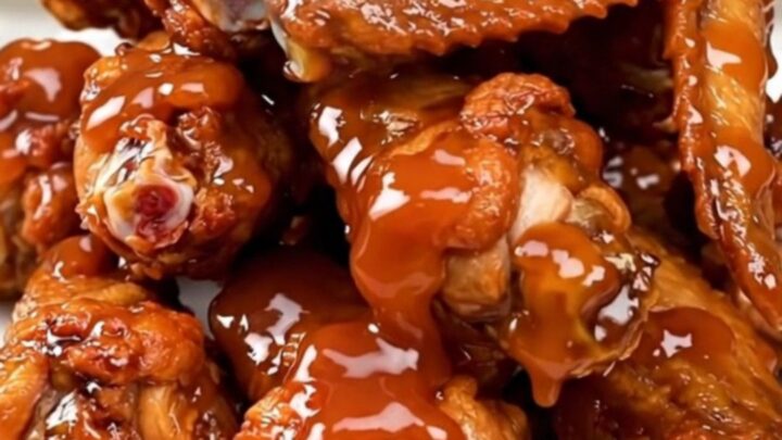 A bowl of glossy, caramelized sweet chili chicken wings served on a white plate.