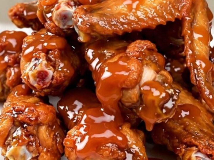 A bowl of glossy, caramelized sweet chili chicken wings served on a white plate.