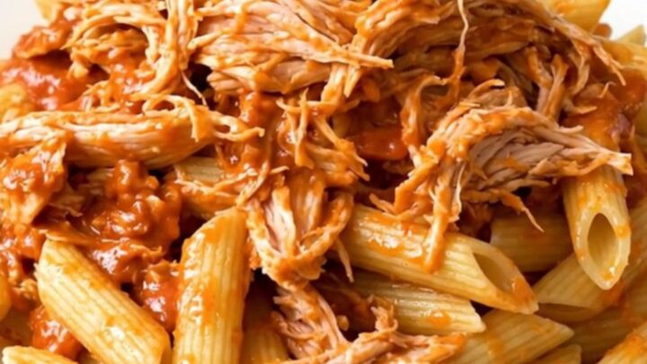 A top-down view of creamy tomato basil chicken served over penne pasta on a white plate.