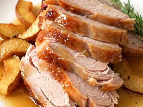 A succulent, glazed turkey breast in a slow cooker, ready to be sliced for a delicious meal.