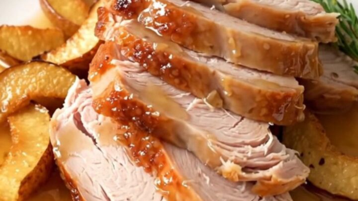 A succulent, glazed turkey breast in a slow cooker, ready to be sliced for a delicious meal.