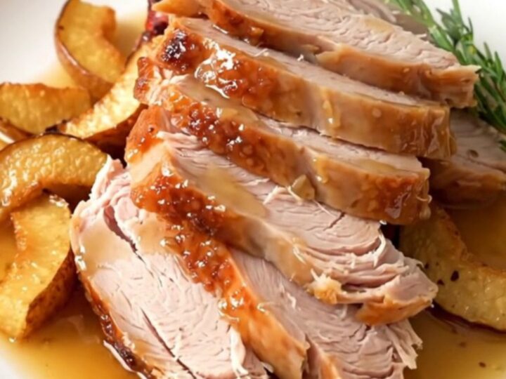 A succulent, glazed turkey breast in a slow cooker, ready to be sliced for a delicious meal.
