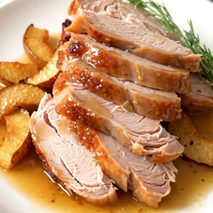 A succulent, glazed turkey breast in a slow cooker, ready to be sliced for a delicious meal.