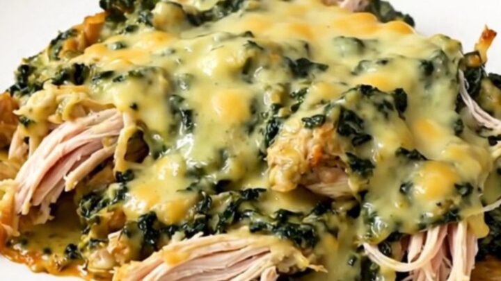 A close-up of creamy spinach artichoke chicken in a slow cooker.