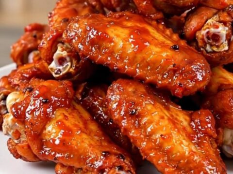 A close-up of glossy Buffalo Ranch chicken wings arranged on a white plate.