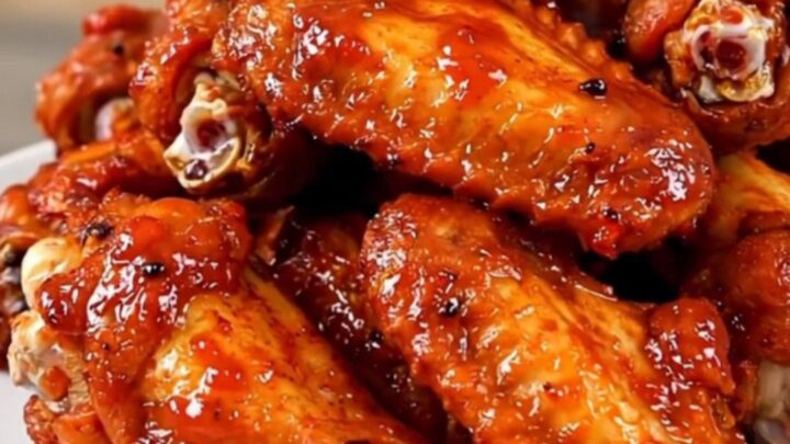 A close-up of glossy Buffalo Ranch chicken wings arranged on a white plate.